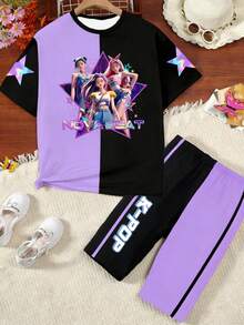 少女数码印花短袖打底裤套装，休闲舒适的春夏装，时尚百搭，适合户外活动、野餐、街头摄影、居家、上学、节日等场合，也是馈赠佳品。 - 彩色 - 查看 3