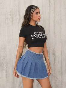 女士褶皺和毛邊丹寧裙 - 淺色水洗藍 - 查看 1