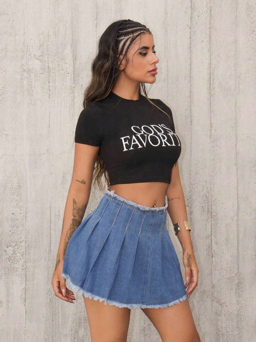 女士褶皺和毛邊丹寧裙 - 淺色水洗藍 - 查看 1