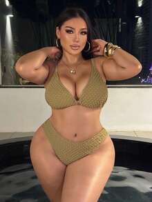 Swim SXY 2026 Neuer Sommer Strand Urlaub Sexy strukturierter verstellbarer Träger Frauen Große Größen Bikini Set - Khaki - Übersicht 6