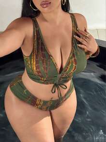 Swim SXY Conjunto de bikini con estampado de teñido anudado 2026, adecuado para vacaciones en la playa, talla grande - Multicolor - Ver 1