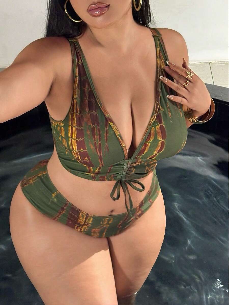 Swim SXY Conjunto de bikini con estampado de teñido anudado 2026, adecuado para vacaciones en la playa, talla grande - Multicolor - Ver 1