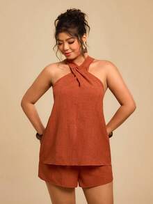 Travachic 大码女士度假两件套，度假梭织印花吊带上衣和高腰宽松短裤，春季夏季度假装，沙滩装，外出装，休闲装，大码短裤套装，焦橙色上衣，锈棕色上衣，赤陶色上衣，两件套亚麻套装，棕色 - 紅木色 - 查看 3