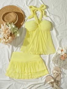 SHEIN Unity 女士舒适休闲扭结露背吊带背心和双层荷叶边修身迷你裙两件套，春夏款 - 黃色 - 查看 1