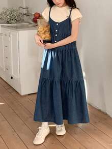 DAZY Girls' Denim Pinafore Dress - Blue - View 3