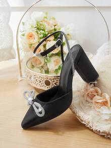 CUCCOO HITCHD Women's Rhinestone Bow Decor Pointed Toe Buckle Design Everyday Versatile Fashion High Heels Valentine's Day Elegant Shoes - Black - View 1