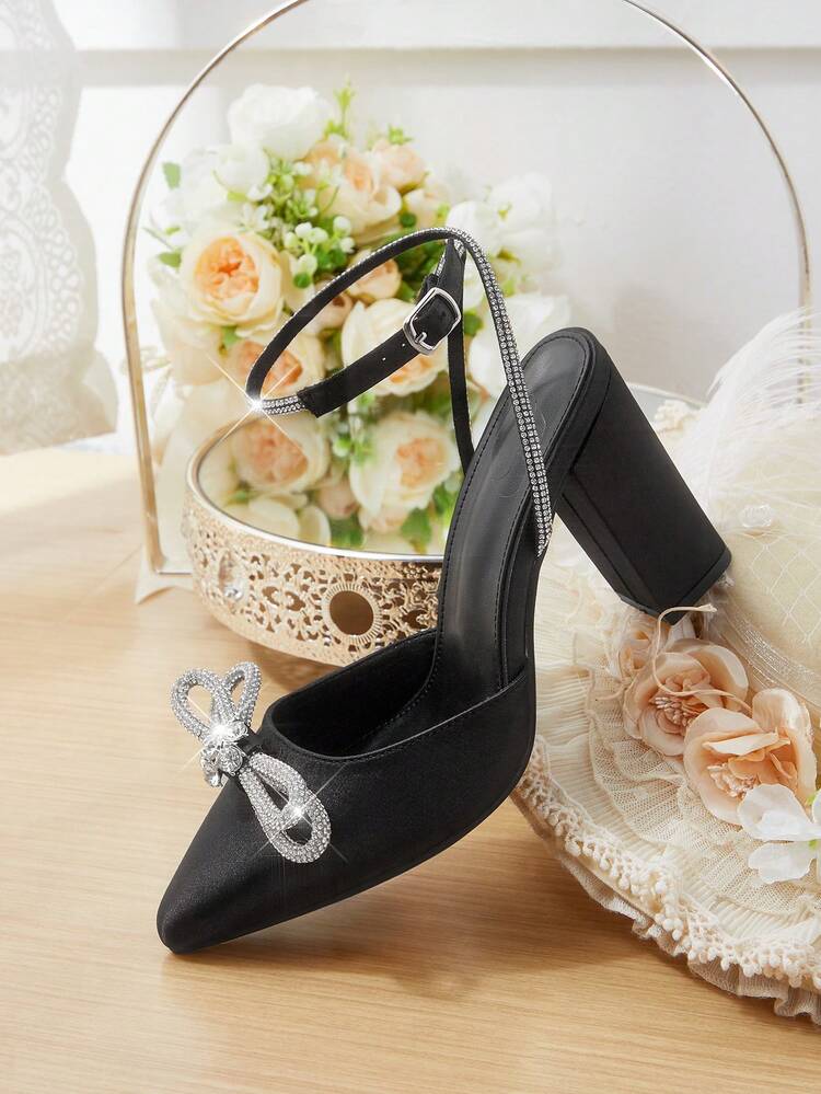 CUCCOO HITCHD Women's Rhinestone Bow Decor Pointed Toe Buckle Design Everyday Versatile Fashion High Heels Valentine's Day Elegant Shoes