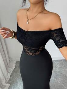 Elenzga Lace Trim Sleeveless Sexy Waist Fitted Fishtail Hem Elegant Sophisticated Knit Bodycon Dress - Black - View 6