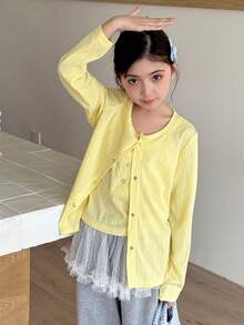 DAZY Tween Girl Solid Color Button-Front Long Sleeve Jacket And Camisole Set - Yellow - View 4