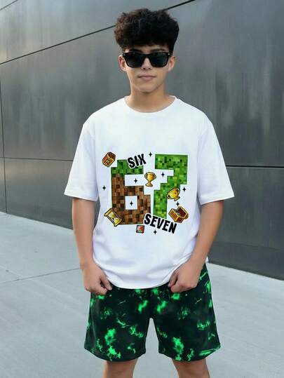 Set de 2 piezas de camiseta de manga corta y pantalones cortos casuales minimalistas, de moda clásica, Y2K, con estampado de dígito 67, teñido anudado, mini mundo, deportivo, suelto y cómodo cuello redondo, adecuado para primavera/verano, para niño preadolescente
