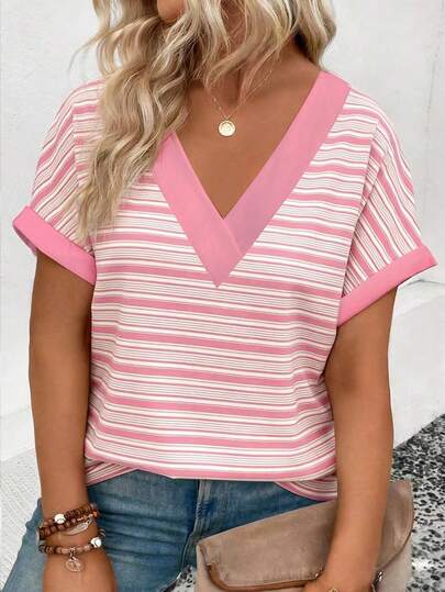 EMERY ROSE Neue Damen Große Größen Mode Lässig vielseitige gestreifte V-Ausschnitt Kurzarm T-Shirt