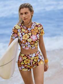 Swim SPRTY Women's Floral Print Round Neck Short Sleeve Top And Shorts 2-Piece Tankini Set, Suitable For Spring/Summer - Multicolor - View 4