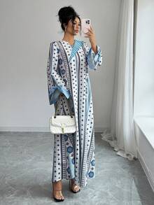 Women's Floral Geometric Print Bow Cuff Loose Arabic Style Dress - Multicolor - View 8