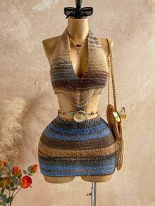 Soleia Women's Striped Backless Halter Neck Knit Dress - Multicolor - View 1