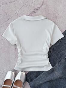 SHEIN 少女休闲日常时尚白色粉色蝴蝶结刺绣装饰翻领半开襟褶皱腰部T恤 - 黑與白 - 查看 2