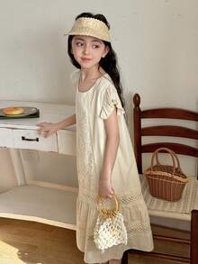 DAZY Girls Floral Ruffle Trim Round Neck Dress, Fall Outfit - Apricot - View 4