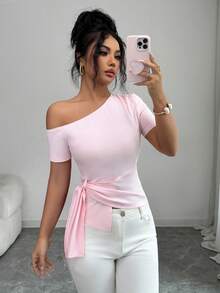 Elenzga 舒适针织单肩系带优雅休闲时尚收腰短袖女式T恤 - 粉色 - 查看 6