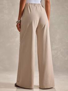 EURMUSE Women Solid Color Embroidery Detailed Wide Leg Sweatpants - Beige - View 2