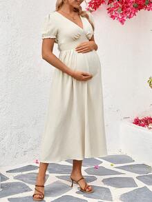 SHEIN Maternity Contrast Lace Tie Back Design Casual Dress - Apricot - View 4