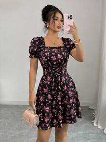 Rafferiza 女士碎花方领泡泡袖荷叶边腰部抽绳连衣裙 - 彩色 - 查看 7