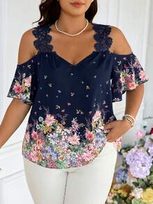 SHEIN Frenchy Plus Size Floral Print Applique Casual Short Sleeve Shirt, Going Out Tops - Navy Blue - View 5