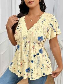 SHEIN Frenchy 大码扎染花卉V领蕾丝拼接纹理女式T恤 - 黃色 - 查看 5