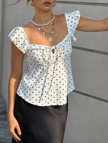 Cévolie Black Polka Dot V-Neck Bowknot Cap Sleeve Top Polka Dot Top - White - View 5