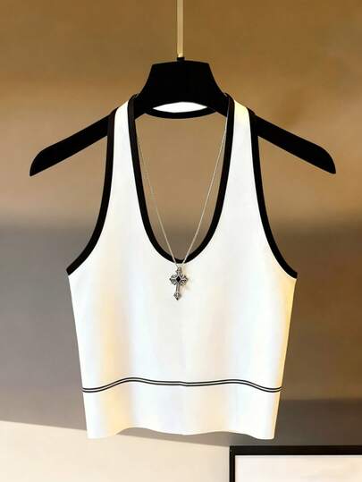 Franclia 女士白色露背吊带背心，黑色滚边，可爱夏季背心，沙滩度假装