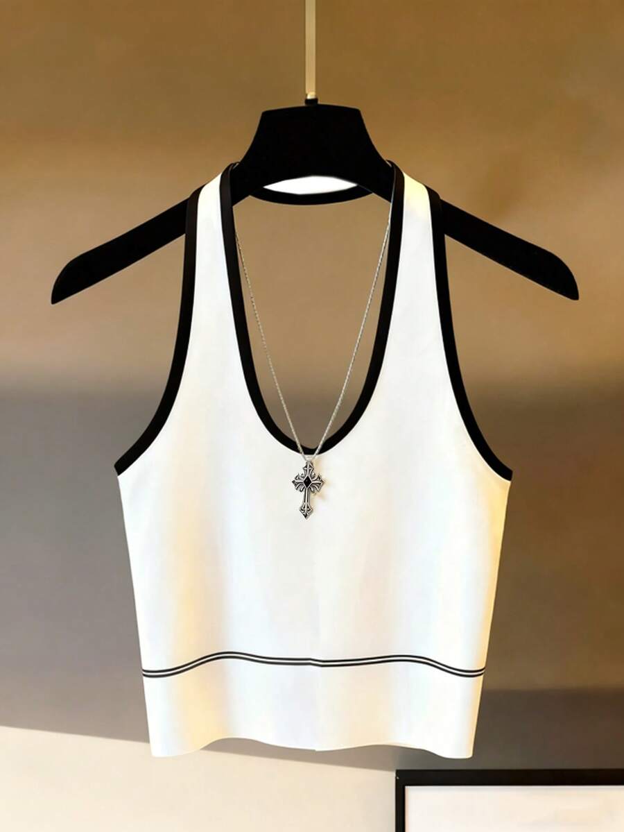 Franclia Women's White Halter Neck Top With Black Trim, Cute Summer Vest, Beach Holiday Wear - Black and White - View 1
