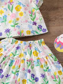 年轻女孩夏季度假风格花卉印花荷叶边袖孔上衣和分层裙子套装 - 彩色 - 查看 4