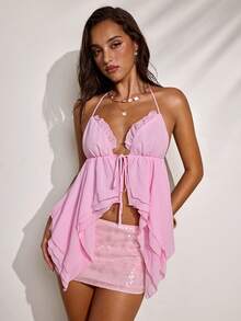 SHEIN BAE Áo hai dây cổ yếm gợi cảm màu trơn phong cách Y2K dành cho nữ, kiểu dáng bất đối xứng, xếp nếp, thắt eo. - Hồng - Xem 7