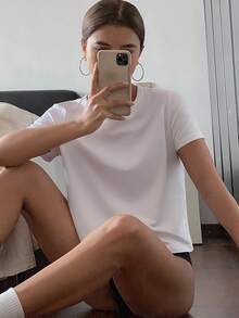 DAZY 白色宽松休闲时尚度假棉混纺短袖T恤，女士，春夏款 - 白色 - 查看 5