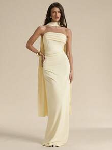 SHEIN BAE Women's Simple Elegant Solid Color Pleated Dress, Summer ,Summer Dress,Elegant Dress - Light Yellow - View 1