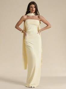 SHEIN BAE Women's Simple Elegant Solid Color Pleated Dress, Summer ,Summer Dress,Elegant Dress - Light Yellow - View 3