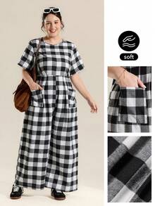 Momelise 大码女式宽松休闲短袖格子印花棉质连体裤，春季