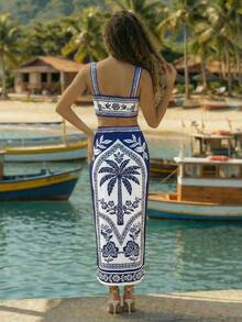 CAJUNI Blue & White Knit Set, Including A Mid-Length Dress And A Straight Fitted Top, Exuding Tropical Vacation Vibes. - Blue - View 2
