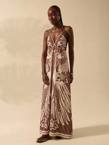 CAJUNI 女士度假热带波西米亚印花吊带系带休闲沙滩夏季长裙 - 棕色 - 查看 4