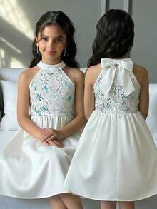 SHEIN Tween Girl Spring/Summer Elegant Glamorous 3D Embroidered Sequin Mesh Patchwork Big Bow Sleeveless Cinched Waist Princess Flare Dress Flower Girl Wedding Season Dress White Tween Girl - White - View 6