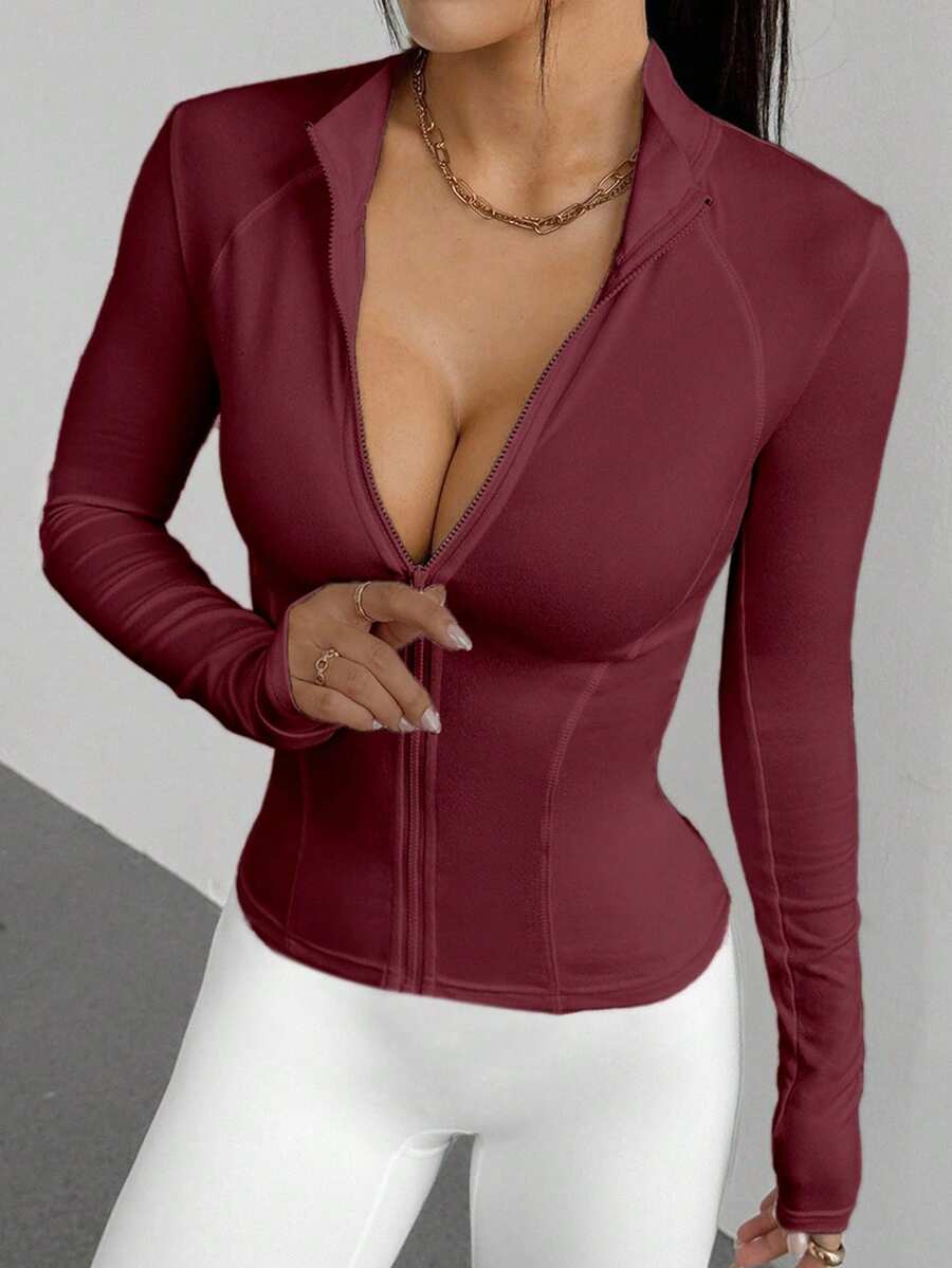 DAZY Women's Slim Fit Waist Drawstring Casual Sports Jacket - Burgundy - View 1