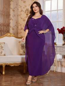 Reflora Plus Size Women Elegant Purple Dress,Formal Wedding Guest Party Dress,Sweetheart Neck Rhinestone & Faux Pearl Decor Bodycon Mermaid Hem,Autumn 2026 - Purple - View 4