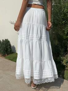 SHEIN EZwear Vacation Casual White Lace Patchwork Woven Skirt - White - View 2