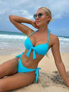 Swim Vcay Bộ bikini gợi cảm dành cho nữ, thích hợp cho kỳ nghỉ hè, kiểu dáng xếp ly, thắt nút, đính hạt, cổ yếm, có gọng và đệm mút, thích hợp cho kỳ nghỉ biển. - Màu xanh lam - Xem 1