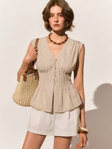 Poéselle Women's Pintucked Blend Peplum Vest Top , Sleeveless V-Neck Button-Down Summer Top, Peplum Top, Sleeveless Button Down, Neutral Summer, Quiet Luxury Fashion, Linen Top, Coastal Grandma Style Sleeveless Slimming Linen-Like Top For Women - Khaki - View 6