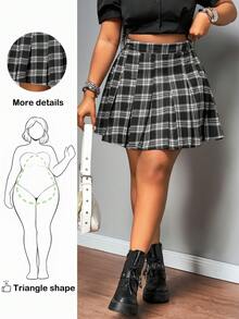 大码复古格子褶皱 A 字迷你裙 - 黑與白 - 查看 1