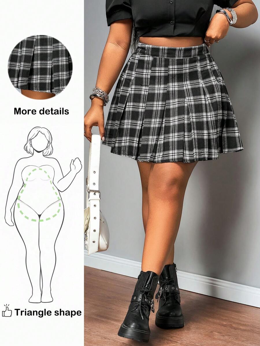 大码复古格子褶皱 A 字迷你裙 - 黑與白 - 查看 1