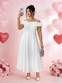 SHEIN PETITE CURVE 大码女士优雅露肩碎花连衣裙，适合约会和外出穿着 - 白色 - 查看 7