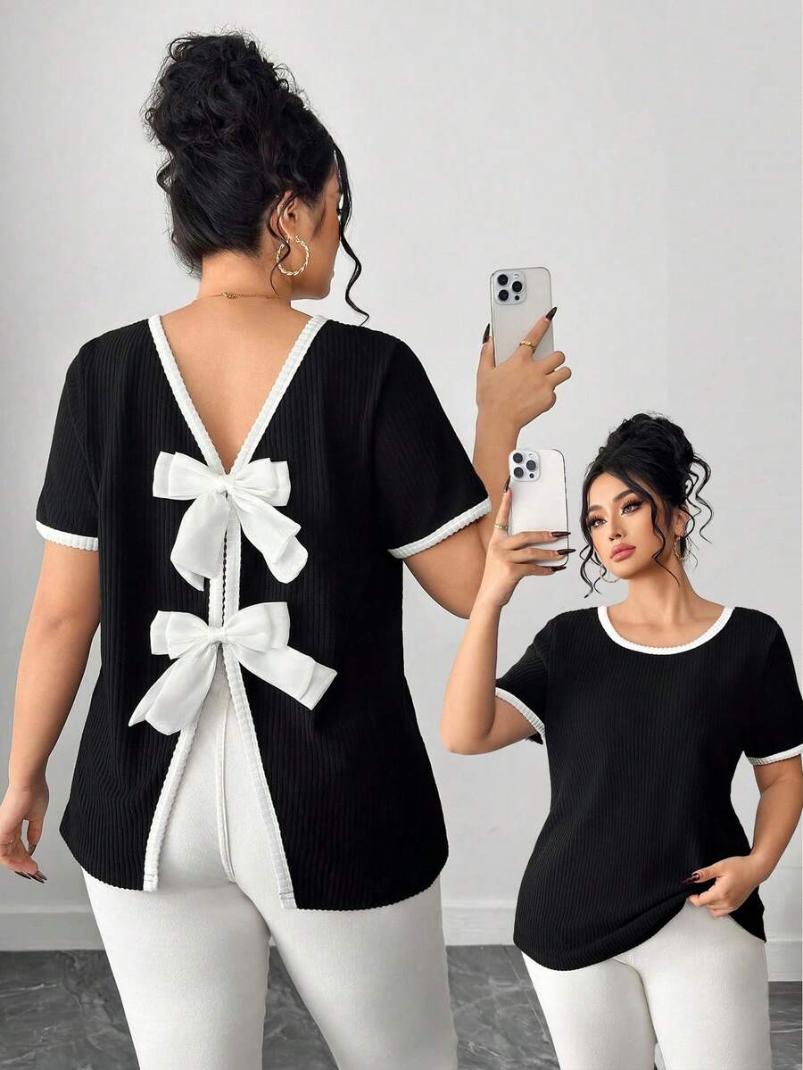 SHEIN Elenzya Camiseta de moda de manga larga con decoración de lazo para mujer, parte superior con estampado, adecuada para primavera, verano y otoño - Negro - Ver 1