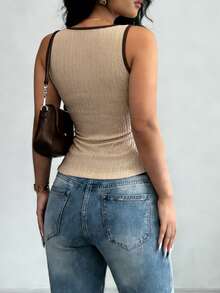 Rafferiza Women's Casual Commuter Keyhole Neck Contrast Binding Twist Front Fitted Tank Top - Apricot - View 2