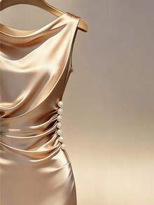 Franclia Champagne Gold Satin Draped Neck Sleeveless Bodycon Dress - Apricot - View 4