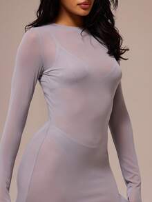 MUSERA ESSENTIALS 圆领长袖透视网纱迷你连衣裙，适合秋冬季夜间外出，性感可爱，修身百搭。 - 淺灰色 - 查看 6